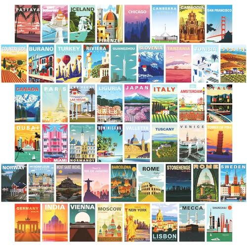 50pcs Vintage Travel Posters Wall Collage Kit Trendy Urban Travel City Aesthetic Wall Decor Retro Popular Cities Poster Postcard for Teens(B)