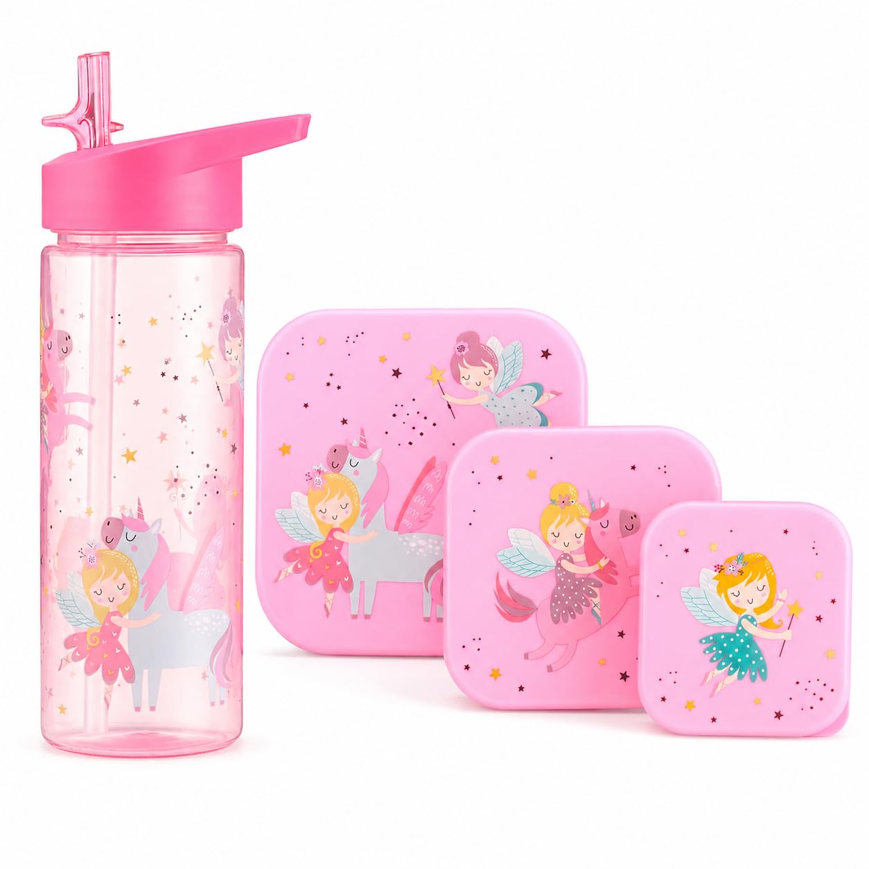 Nesting Snack Boxes, Set of 3 Including Straw Sipper, Tiny to Tots Kids Set, Back to School, Lunch Box with Multi Compartments, Snack Storage (Unicorn Fairy Straw Sipper 500ml & Nested Boxes)