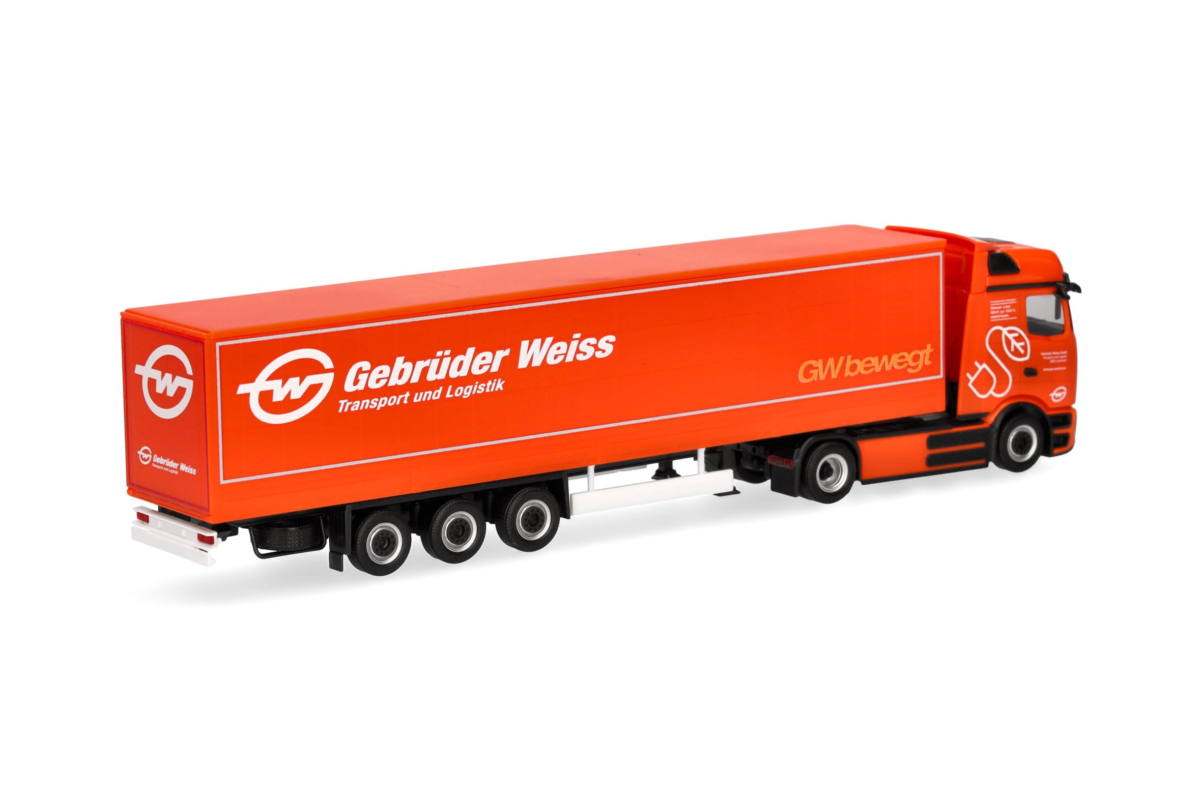 Herpa LKW Modell Mercedes-Benz eActros 600 ProCabin Bigspace Planen-Sattelzug Gebrüder Weiss (Österreich), Miniatur im Maßstab 1:87, Sammlerstück, Made in Germany, Kunststoff