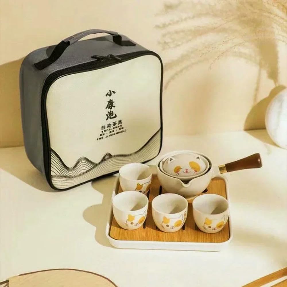 Tragbares Reise-Teeservice, Keramik, Lazy Tea Brewing Tool, kreative drehbare Teekanne, Outdoor-Reisen, Camping, Retro-Kaffeezubehör
