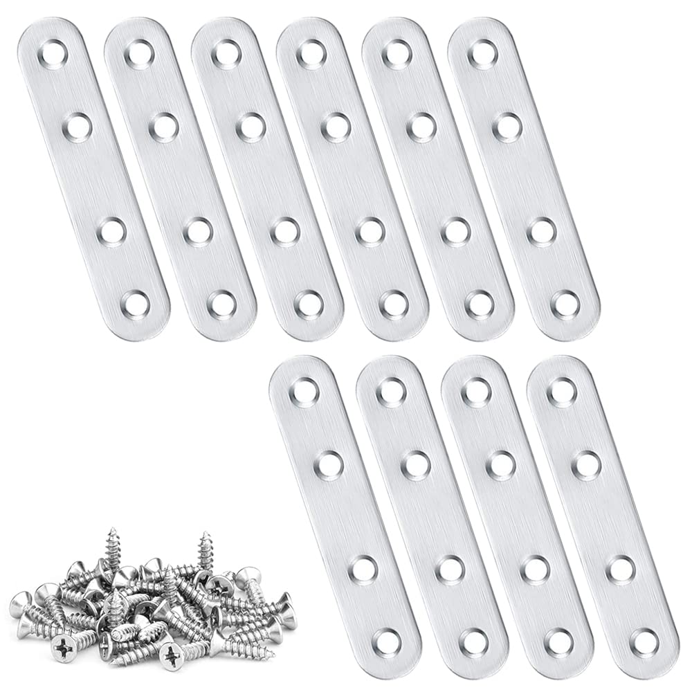 Rubik Flat Straight Brace Brackets with Screws, 10 Pieces Stainless Steel Mending Repair Plate for Shelf Supports Fixing Wood Furniture Chair Table Cabinet Bed (122x19mm)