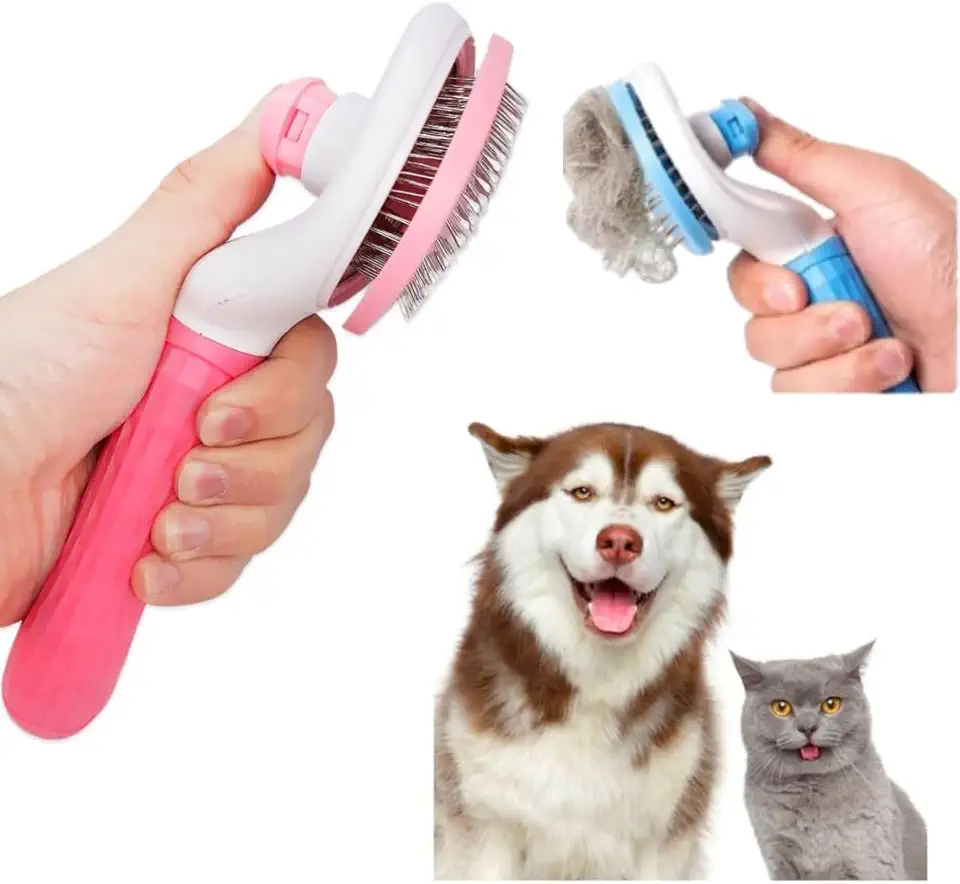 Escova Rasqueadora Pet Tira Pelos Cachorro Gato Cão com Cerdas de Aço Flexíveis e Cabo Ergonômico Escovas Limpeza Autolimpantes para Queda e Cuidados dos Pelos de Pelagem Média a Longa, Remove Nós e Pelos Soltos com Suavidade (Rosa)