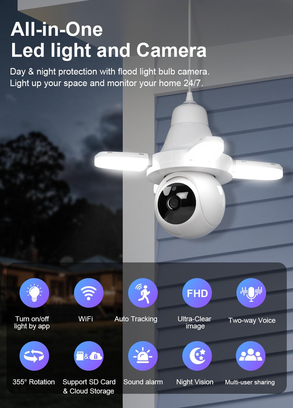 TKMARS Camara de Bombilla Vigilancia WiFi Exterior/Interior Camara de Vigilancia 355°, Cámara IP Vigilancia de Seguridad, Seguimiento Automático, Sirena, Visión Nocturna Color, Audio Bidireccional