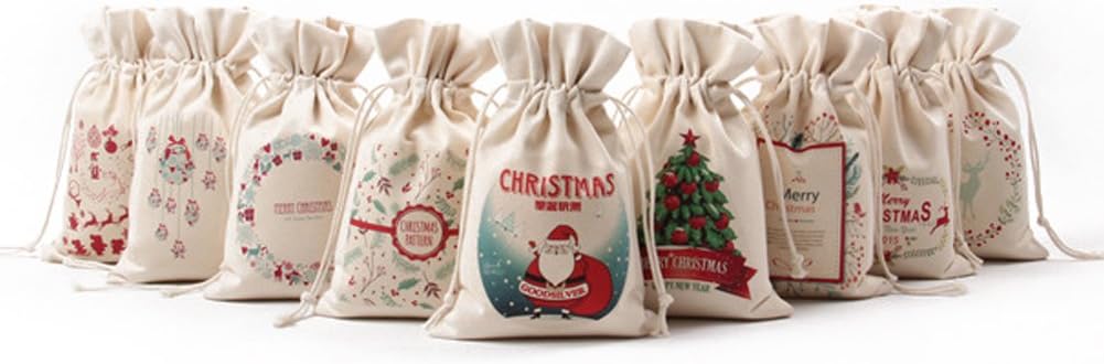 10pcs Small Size Christmas Gifts Bags - 9.25"x6.3" Gifts Souvenir Bags Small Candy Pouch with Drawstring Bag for Christmas Present Candy Pockets-Surprised Christmas Gifts For Kids Cotton-Coated Canvas
