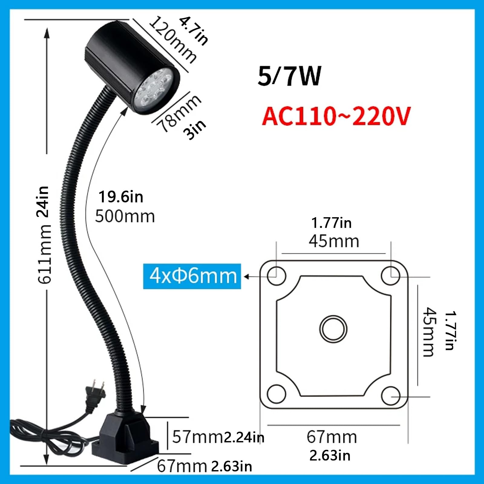 Lampada Flessibile a Collo D'oca, Lampada da Lavoro per Macchine, Lampadas Industriale da 110-220V per Utensili, con Interruttore Impermeabile, da Fissare con Viti(Silver,5W)