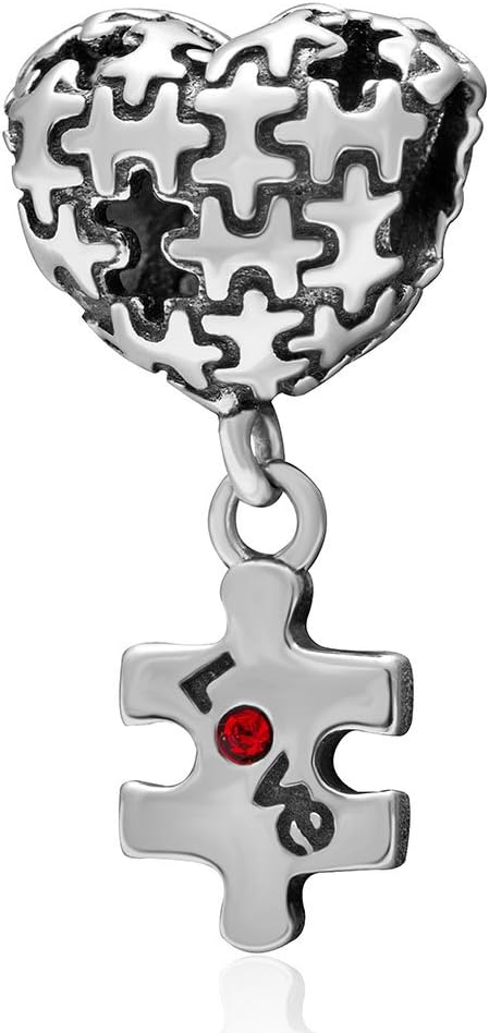 Autism Awareness Charm Puzzle Charm 925 Sterling Silver Red Heart Charm Love Charm for Pandora Bracelet