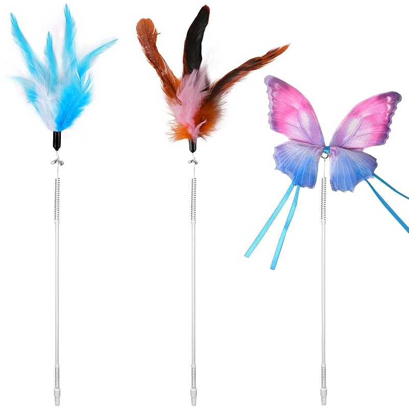 Brinquedo de reposição para gatos com borboleta de tecido e varetas com penas Pawtners, conjunto com 3 peças
