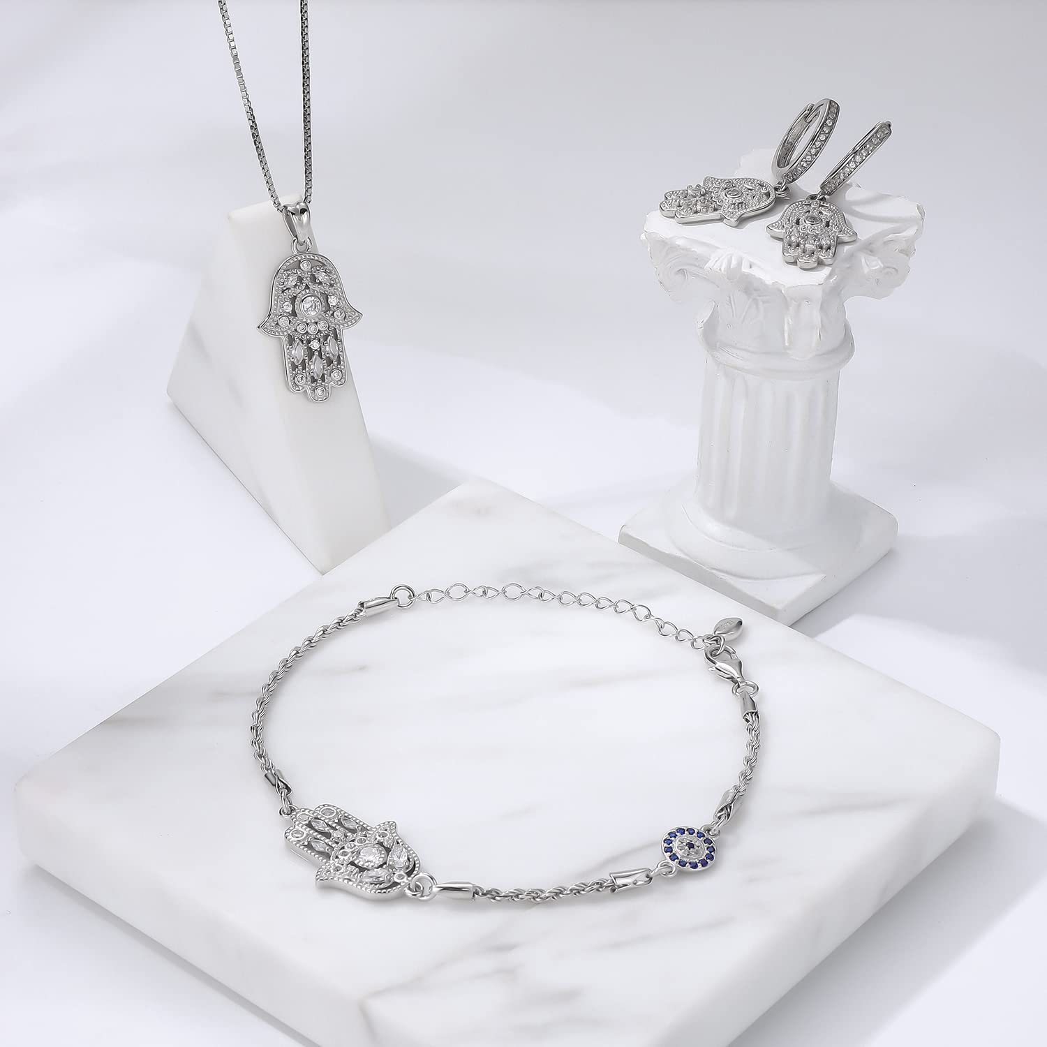 Gioielli Mano di Fatima Argento Sterling 925 Orecchini/Bracciale Mano di Fatima per Donna Hamsa Amuleto per Donne Mamma con Scatola Regalo