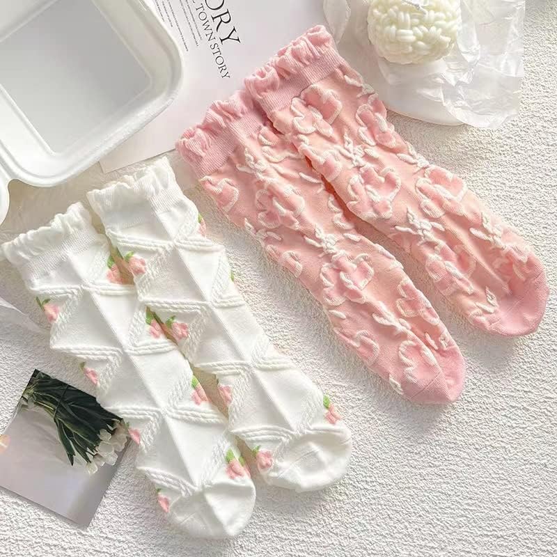 Vista 7 de 5 pares de calcetines de algodón con textura 3D de flores lindas, calcetines de tobillo con volantes de encaje de tubo medio, calcetines Kawaii