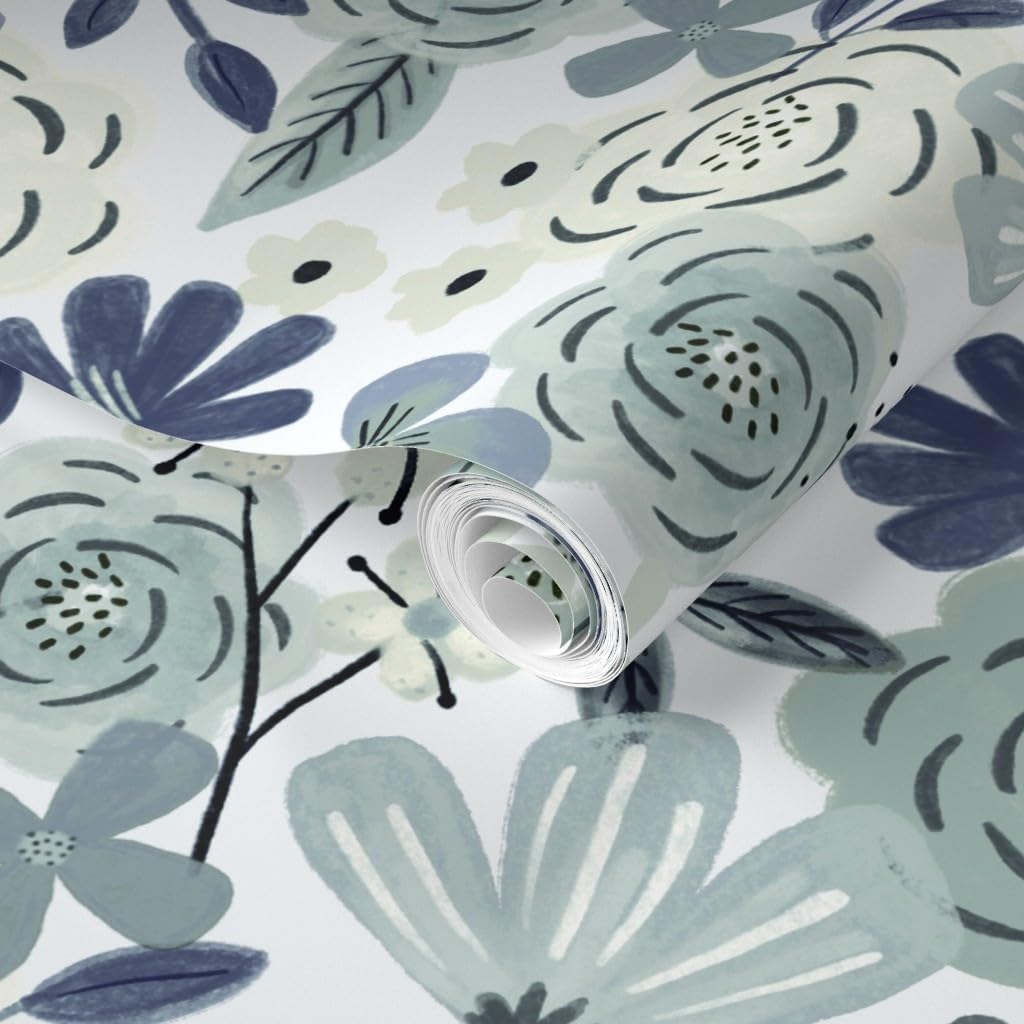 Spoonflower Removable Wallpaper Swatch - Blue Boho Floral Sage Green Floral Wilderness Large Scale Navy Custom Pre-Pasted Wallpaper
