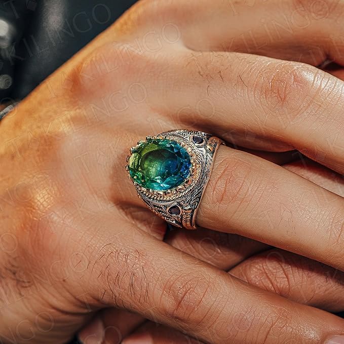 Anillo turco de plata de ley 925 maciza con piedra turmalina para hombre con piedras de colores mixtos