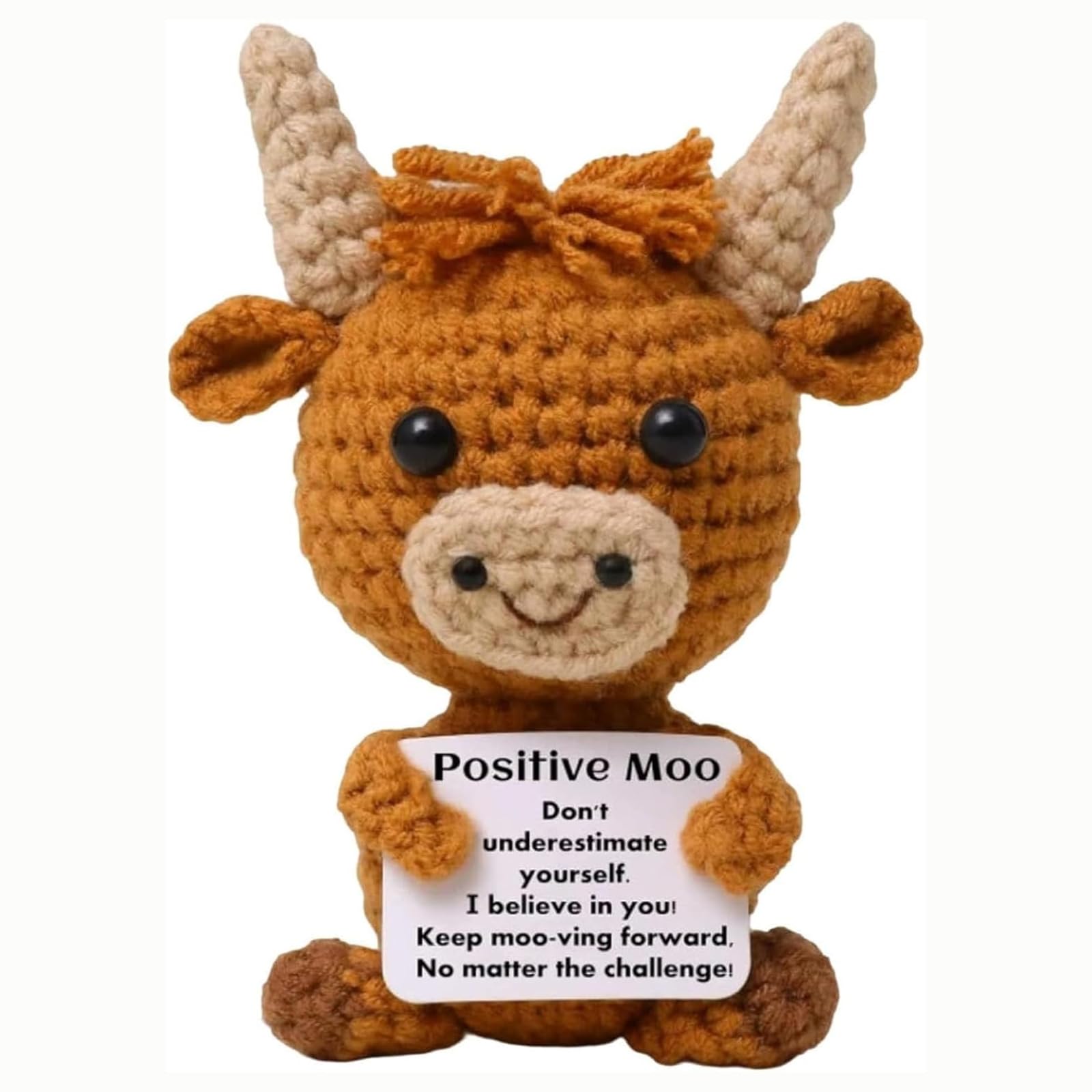 Zyssby Highland Cow Gifts for Women,Handmade Highland Cow Plush Toy with Positive Card,Mini Funny Knitted Wool Crochet Animal Toy,Crochet Knitted Doll for Emotional Support Women Friends Teens