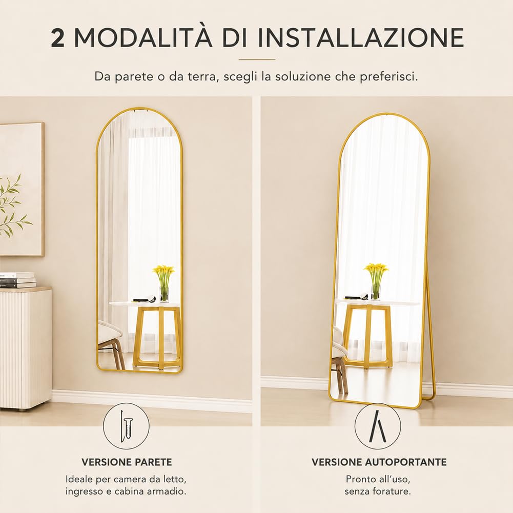 Shally Dogan Specchio da Terra e da Muro ad Arco, Stand Autoportante Indipendente e da Parete, Decorazione Interna, Design Minimal, Figura Intera e Cornice in Alluminio, 155 x 45 cm