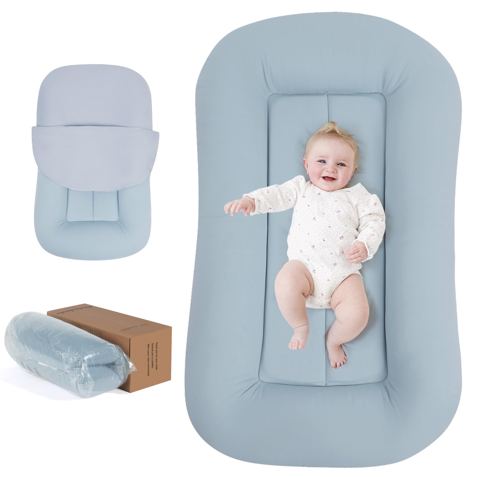 baby lounger, portable baby lounger for newborn, 0-24 months, with soft cotton cover, baby essentials gifts(ice blue), pallet of product