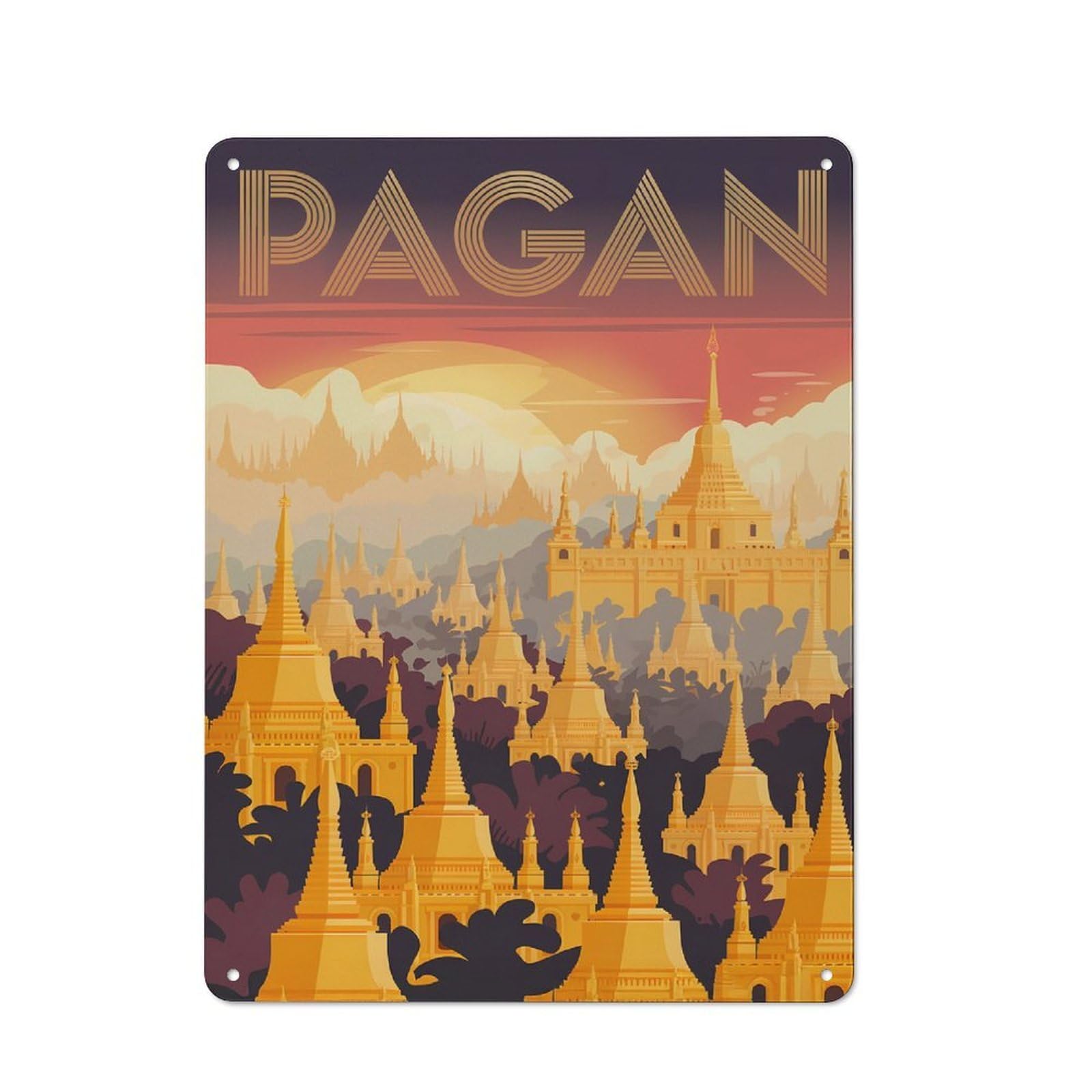 Junmoney Style-24 Pagan Myanmar Temple Landscape Art Classic Metal Wall Decor 40X30cm, Office Metal Sign For Workspace, Cafe, Shop Or Desk Area