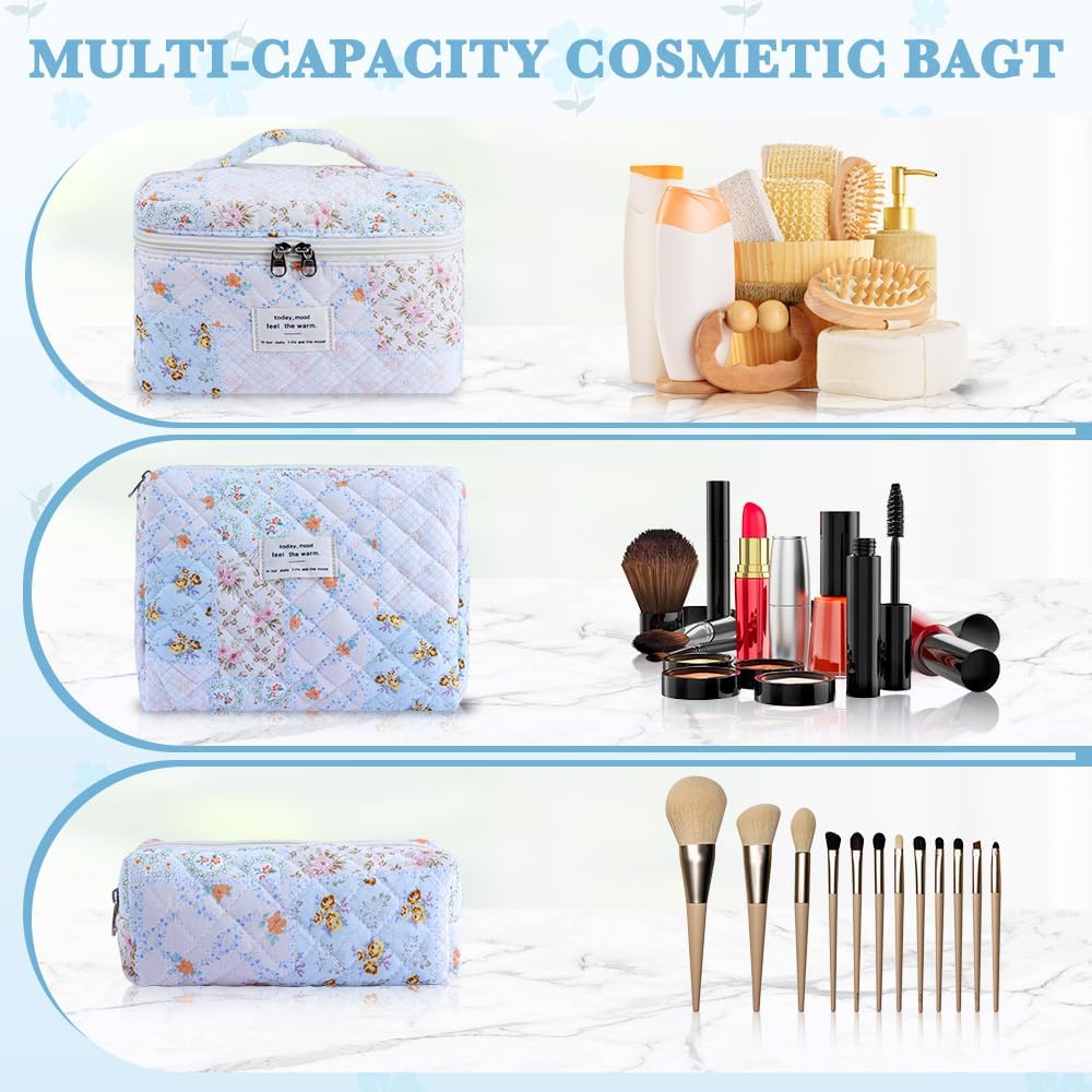 3Pcs Cotton Quilted Makeup Bag Set,Large Floral Cosmetic Bag,Aesthetic Toiletry Travel Makeup Bag Set and Cute Flower Bag for Women Girls (Pink Spliced Flower) - Image 3