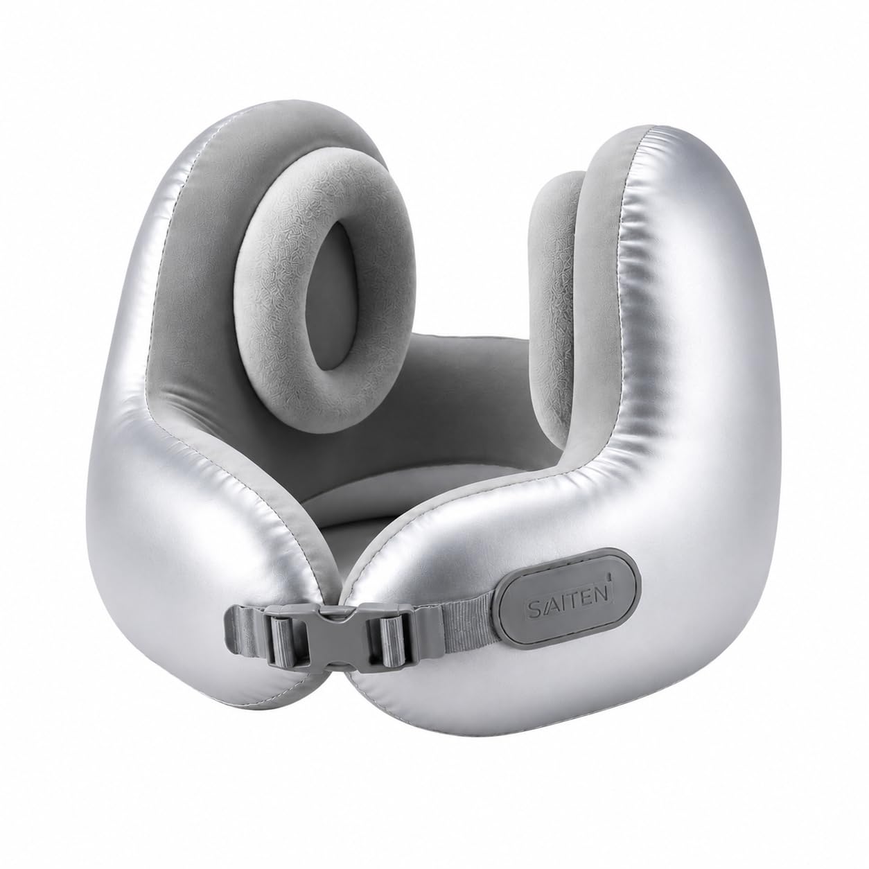 TRAVELFUN Almohada de Viaje Viscoelástica para Cuello – Soporte Cervical 360° con Sujeción de Barbilla y Orejas, Reducción de Ruido, Bluetooth para Móvil y Avión, Ideal para Viajar
