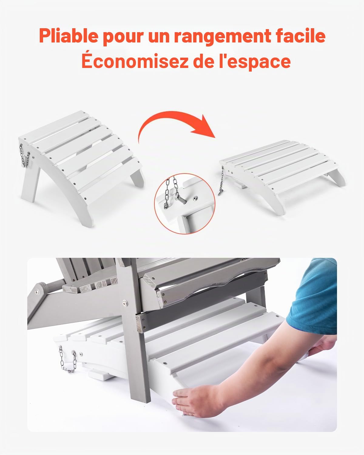 VEVOR Repose-pieds Pliable Adirondack, 450x500x350 mm, en PEHD, Résistant aux Intempéries pour Chaise Adirondack, Montage Facile, pour Extérieur, Patio, Porche, Piscine, Pelouse, Arrière-cour, Blanc