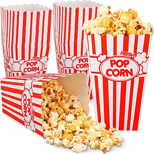 Image of Xinnun 100 Pcs Popcorn Boxes 32oz Classic Stripe Paper Buckets Disposable Oil Proof Popcorn Container Retro Open Top Box for Movie Night Supplies Theaters Carnival Birthday Party(Red and White)
