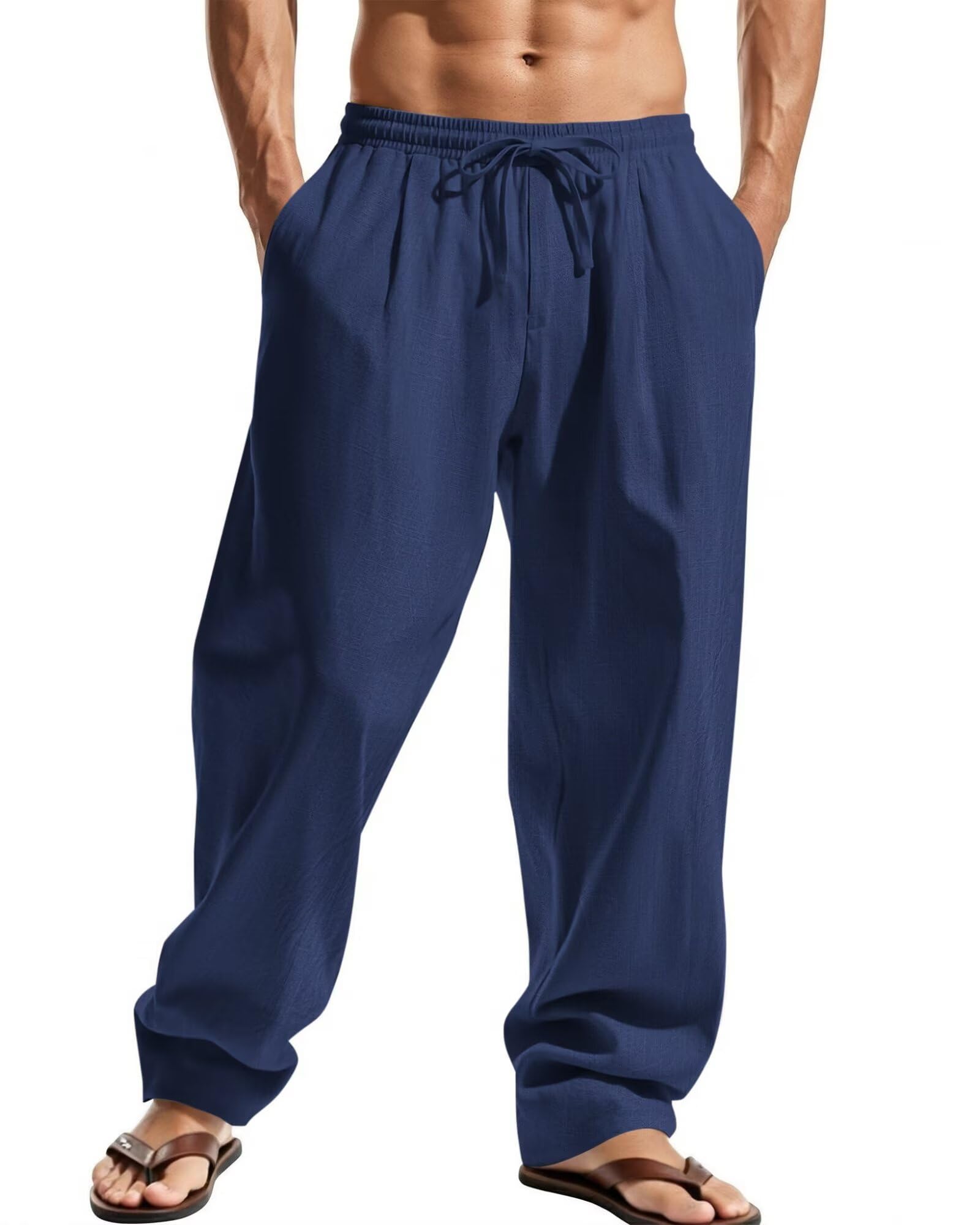 Elainone Pantalon Homme Coton Léger Été Pantalon Décontracté Taille Élastique avec Poches Pantalon Ample pour Vacances Plage Voyage Pantalon Homme Style Casual M-3XL