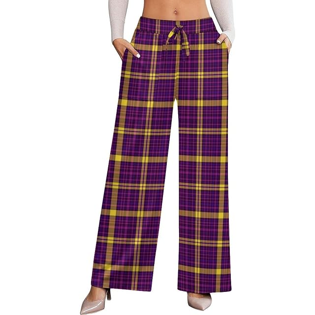 Wide Leg Pants for Women Cotton - Retro Purple Yellow Plaid Print Ladies Casual High Waisted Slacks Palazzo
