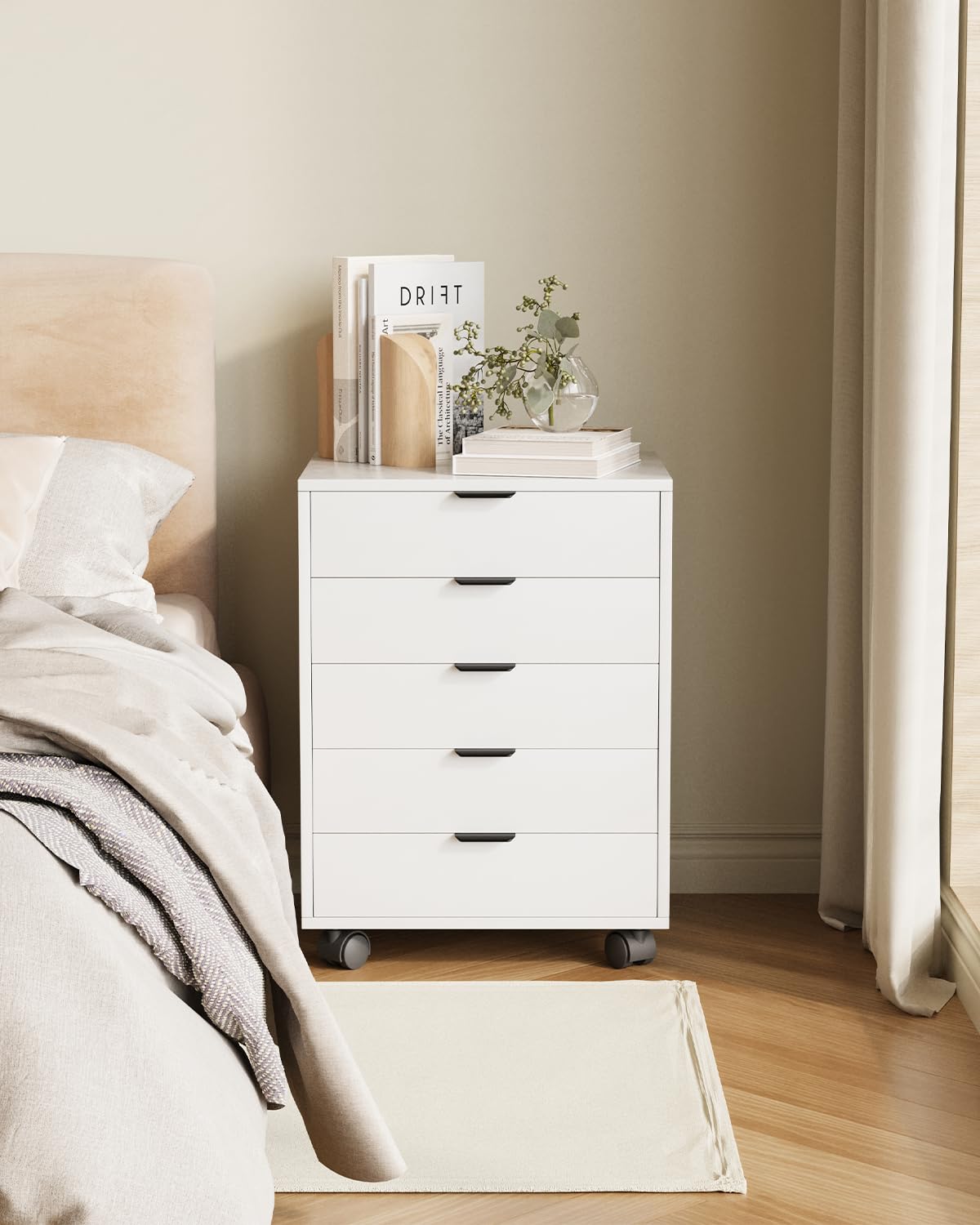 ELUCHANG Schedario da Ufficio con 5 Cassetti e Ruote, Archivio per Documenti A4, Armadio Mobile per Home Office e Studio, Bianco, 40x40x60 cm