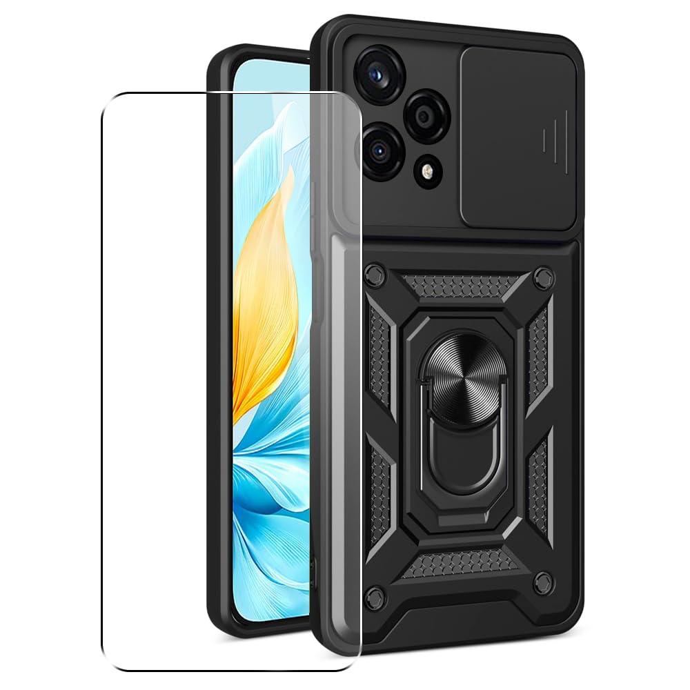 SDTEK Case for Honor 200 Lite Phone Cover with Camera Lens Protection, Stand, Magnetic Ring Holder and Glass Screen Protector (Black)