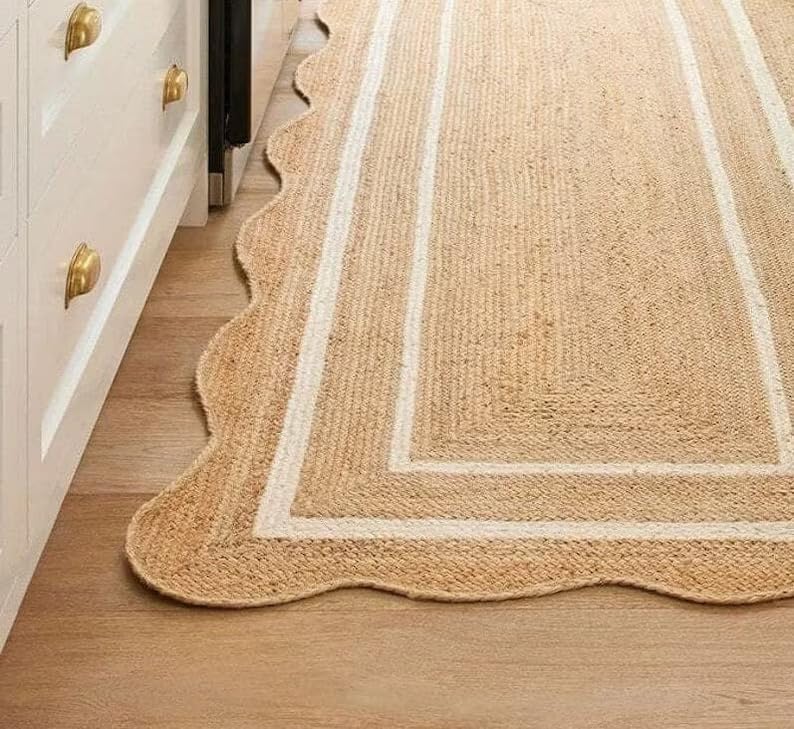 CRAFTED CREATION 5'x8' ft Scalloped Natural Jute Runner Rug – Boho Farmhouse Entryway Carpet, Off White