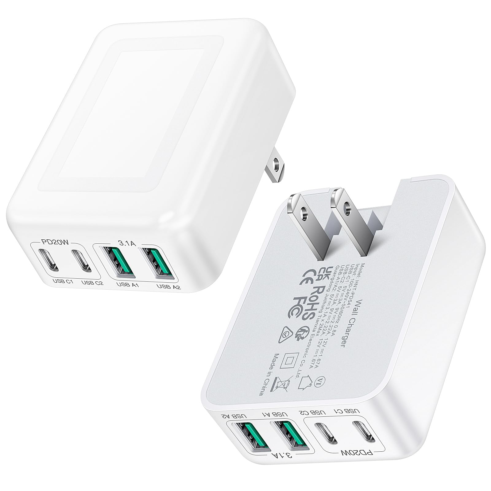 2Pack Flat USB C Wall Charger • 40W Foldable & Slim Fast Charging Block • 4Ports USB C Charger Block Cube Box Compatible with iPhone Samsung, Pixel, Tablets, Multiport Power Adapter USB Plug Brick