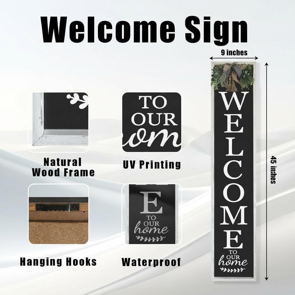 Welcome Sign for Front Porch, 45"×9" Welcome to Our Home Sign Strength Durability, Outdoor Welcome Sign Wooden Frame Weight Light for Farmhouse Wall Hanging Decoration (White)