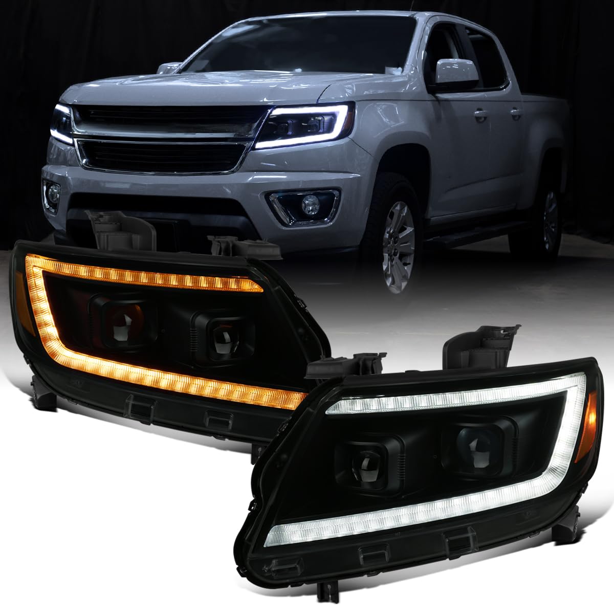 Ronnin - Fits 2015-2022 Chevy Colorado LED Tube Switchback Sequential Turn Signal Lights + Animated Startup Effect Projector Headlights Assembly Pair | Black Smoke