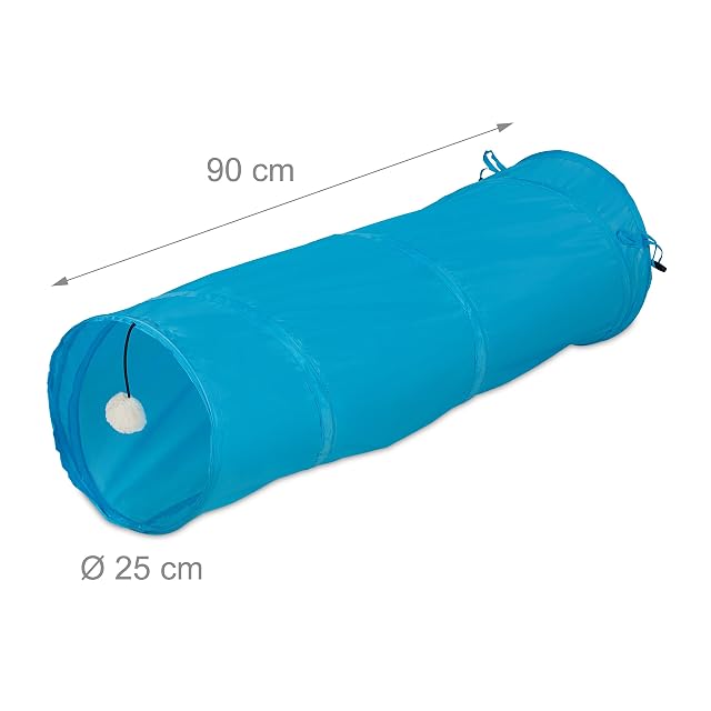 Foto 4 de 8 de Relaxdays Túnel para Gatos Plegable, 88 x 25 cm, Tubo para Gatitos con Juguetes y Bolsa, Interactivo, Azul