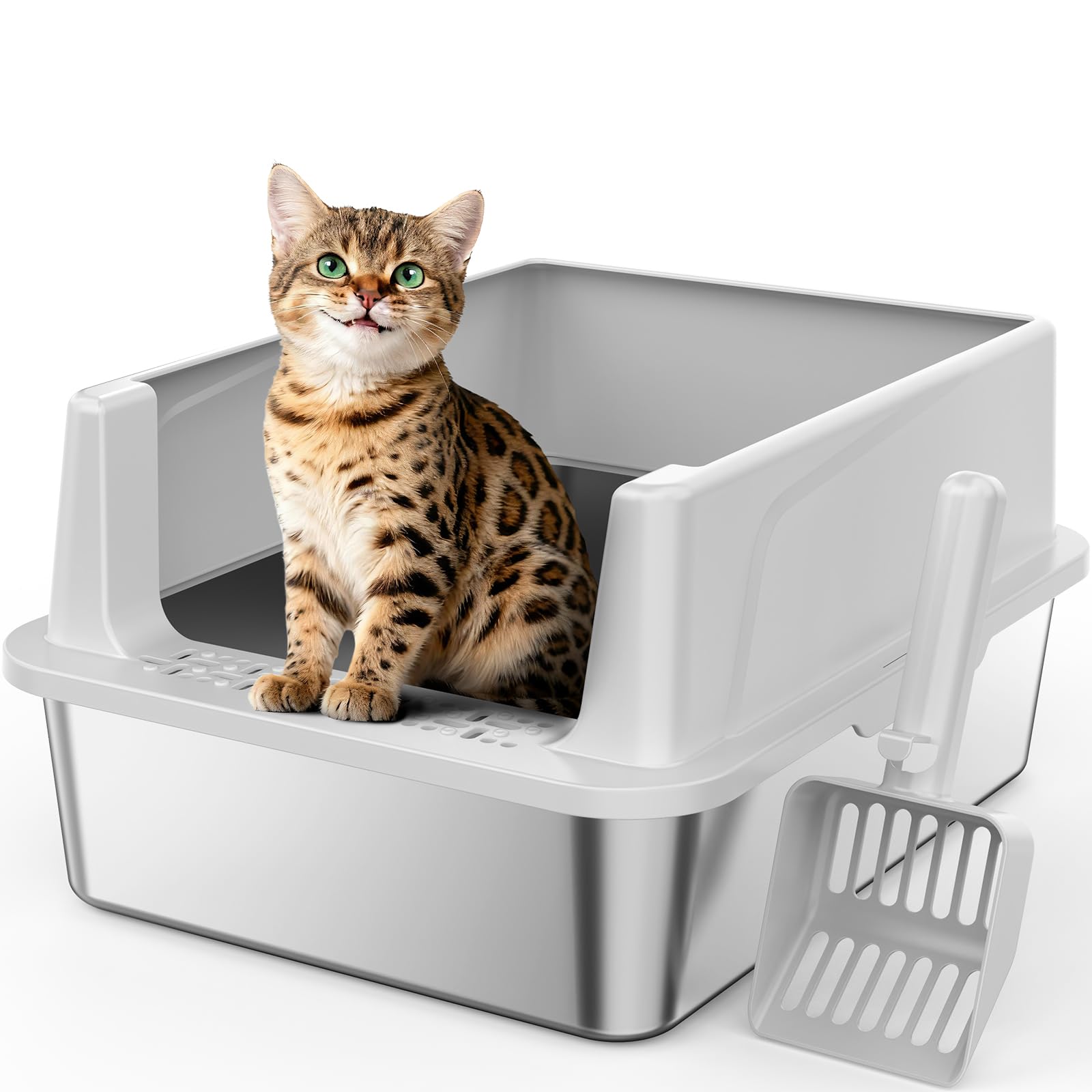 MIXJOY Lettiera per gatti in acciaio inox, 18 l, piccola per gattini, design aperto, bordo alto, a prova di perdite, salvaspazio, con paletta, 44 x 34 x 21 cm
