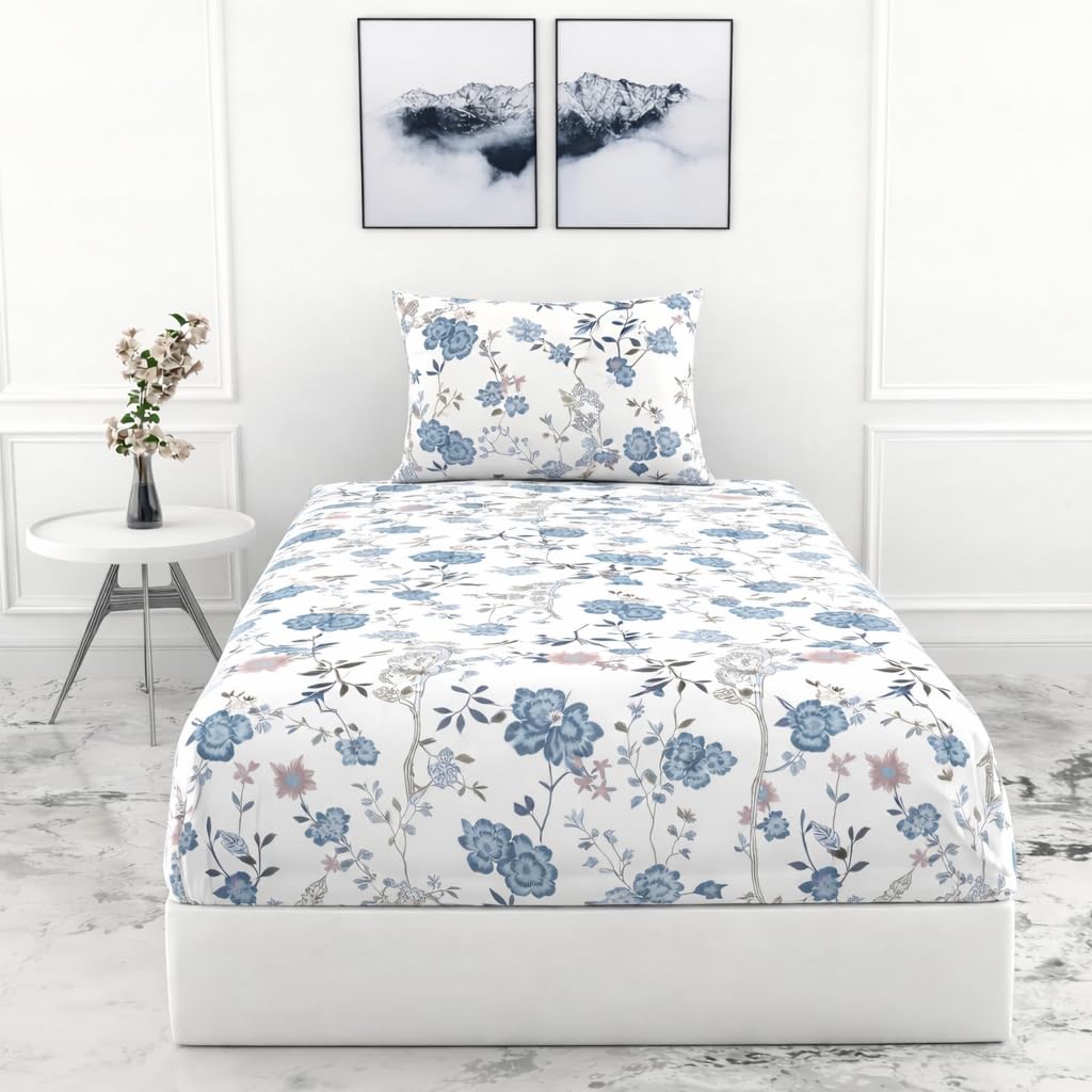 Blue Strip Polycotton Fitted Bedsheet, Single 42x75 (WhiteBlue Gulab) | 300 TC | All-Round Elastic Grip | Soft, Breathable & Colourfast | Wrinkle Resistant | Machine Washable