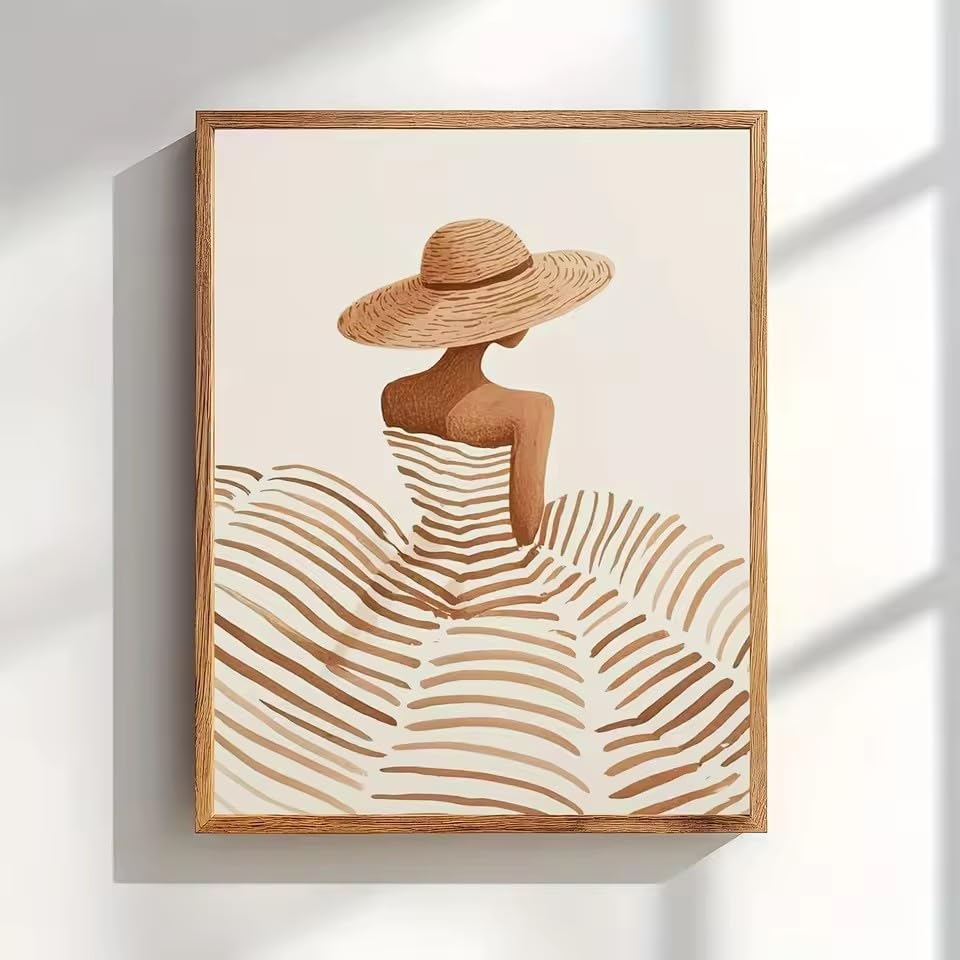 BMGKYAGL Minimalistyczny plakat na płótnie "Kobieta z kapeluszem przeciwsłonecznym", neutralny beżowy obraz ścienny w stylu bohemy do sypialni i salonu (30 x 45 cm/rama wewnętrzna)