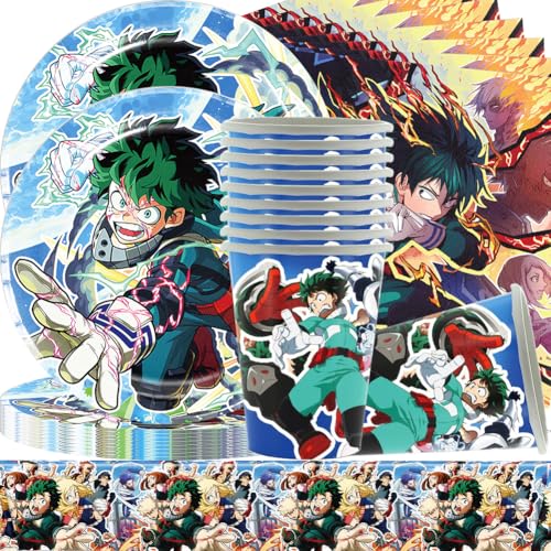 My Hero Vaisselle,Décoration Anniversaire Hero,Vaisselle de Fête de My Hero Academia Anniversaire,réutilisable assiettes,Serviettes en papier, gobelets en papier,Nappe (61 PCS 20Invités)
