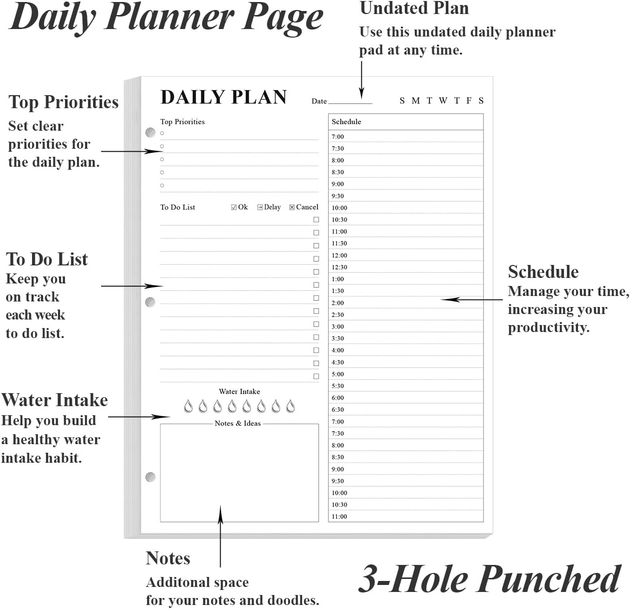 (2-Pack) Undated Daily Planner Refill - A4 Planner Inserts, 200 Sheets/400 Pages Planner and Lined Refill, 3 Hole Punched To Do List Refills, 100 gsm White Paper, 8.5'' x 11''