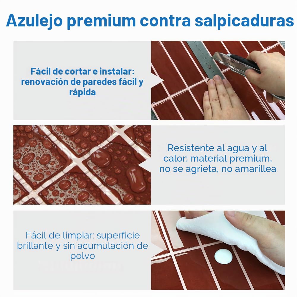 Azulejos Adhesivos Cocina Rojo oscuro, 10 Piezas 30.5 x 30.5 cm, Azulejos Autoadhesivos 3D, Línea Recta Vertical, Baldosas Adhesivas de Vinilo para Salpicadero en Cocina y Baño, Impermeables