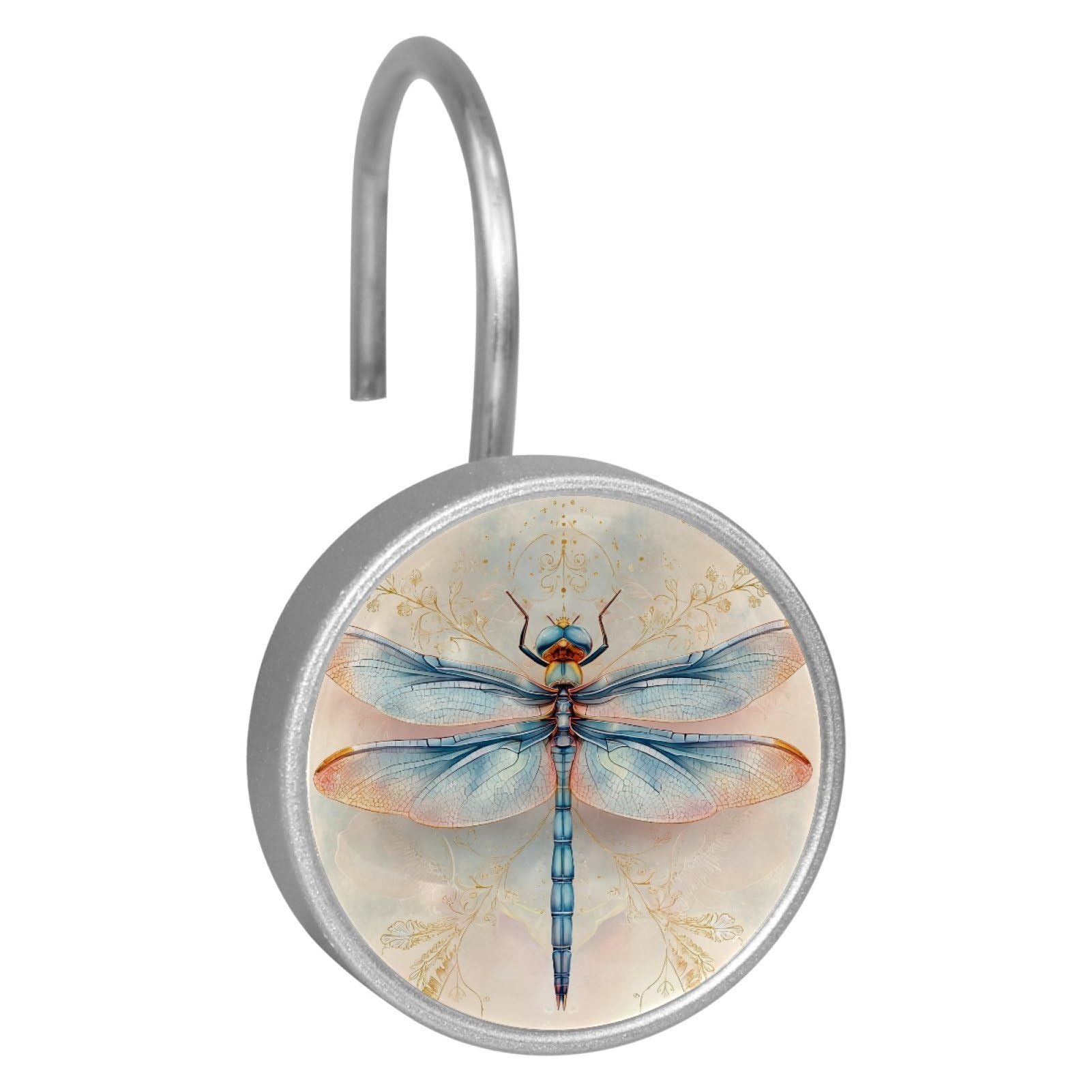 Set of 12 Stainless Steel Shower Curtain Hooks, Shower Rings for Bathroom, Rustproof Decorative Shower Hangers for Bedroom Living Room Shower Curtain Rod (Watercolor Blue Dragonfly)