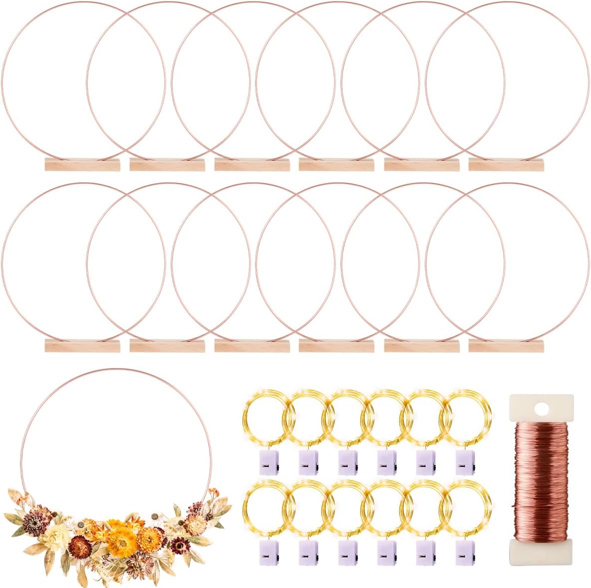12 Pack Floral Hoop with Stand and LED Fairy Lights 18 inch Metal Rings for DIY Centerpiece Table Decorations Crafts Macrame Rings Hoop Wreath Dream Catcher Rings Wedding Christmas Wreaths, Rose Gold Rose Gold 18 Inches