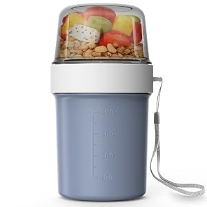 Abree Taza de Cereales y Yogur para Llevar Vaso Plástico Portátil para Cereales para Escuela, Oficina, Viajes (Azul)