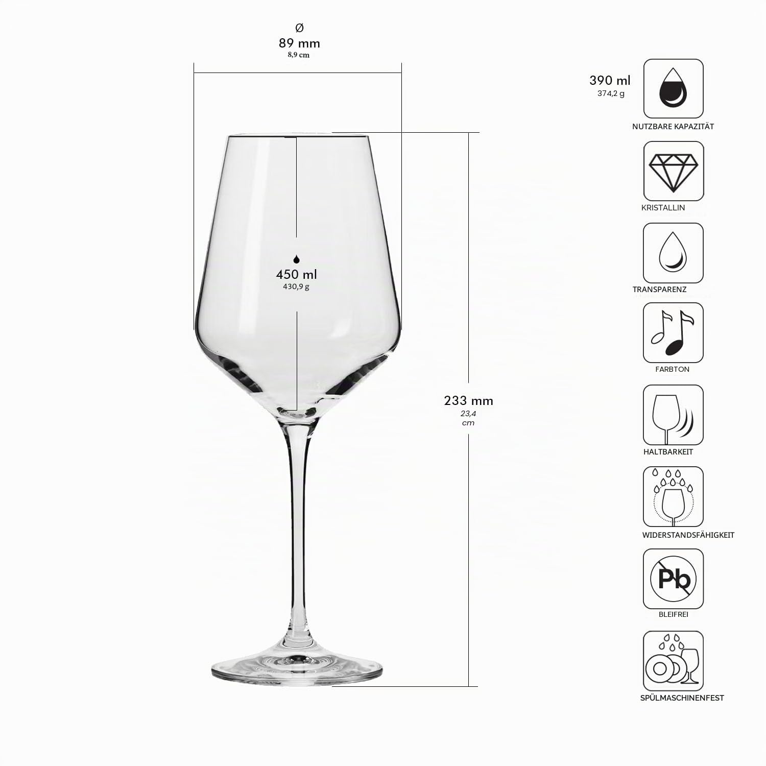 Krosno Weißweingläser 450 ml – 6 Stück – Avantgarde Kollektion – bleifreier Kristall – Elegantes Design und schlanke Silhouette