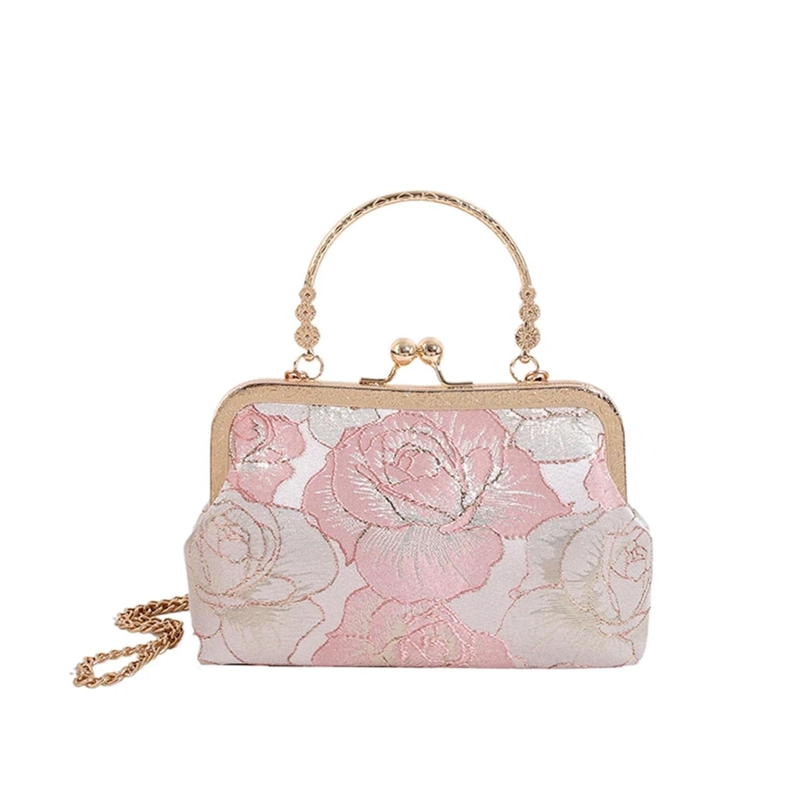 Bestickte Abendtasche Retro-Handtasche gepaart mit Qipao Hanfu-Tasche, elegantem Temperament, Kettentasche, diagonaler Cross-Tasche, Clip-on-Tasche FüR Hochzeit, Party(Pink)