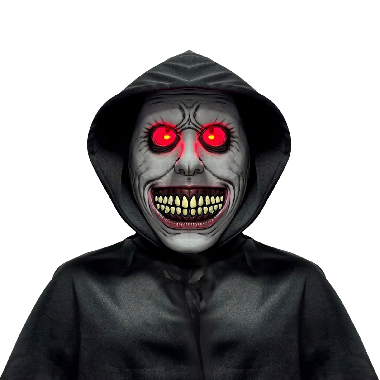 Scary Light-Up Eyes Devil Mask Hooded Cowl Set, Men Women Cosplay Halloween Mardi Gras Party Horror Demon Evil Monster Full Face Mask with Glowing Eyes Short Cloak Cape Costume Supplies
