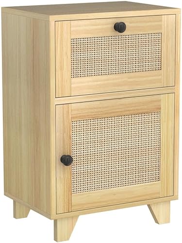 Miniatura 4 de Juego de 2 mesitas de noche mesa auxiliar con puertas decoradas de ratán hechas a mano mesa auxiliar moderna con cajón de almacenamiento de ratán y