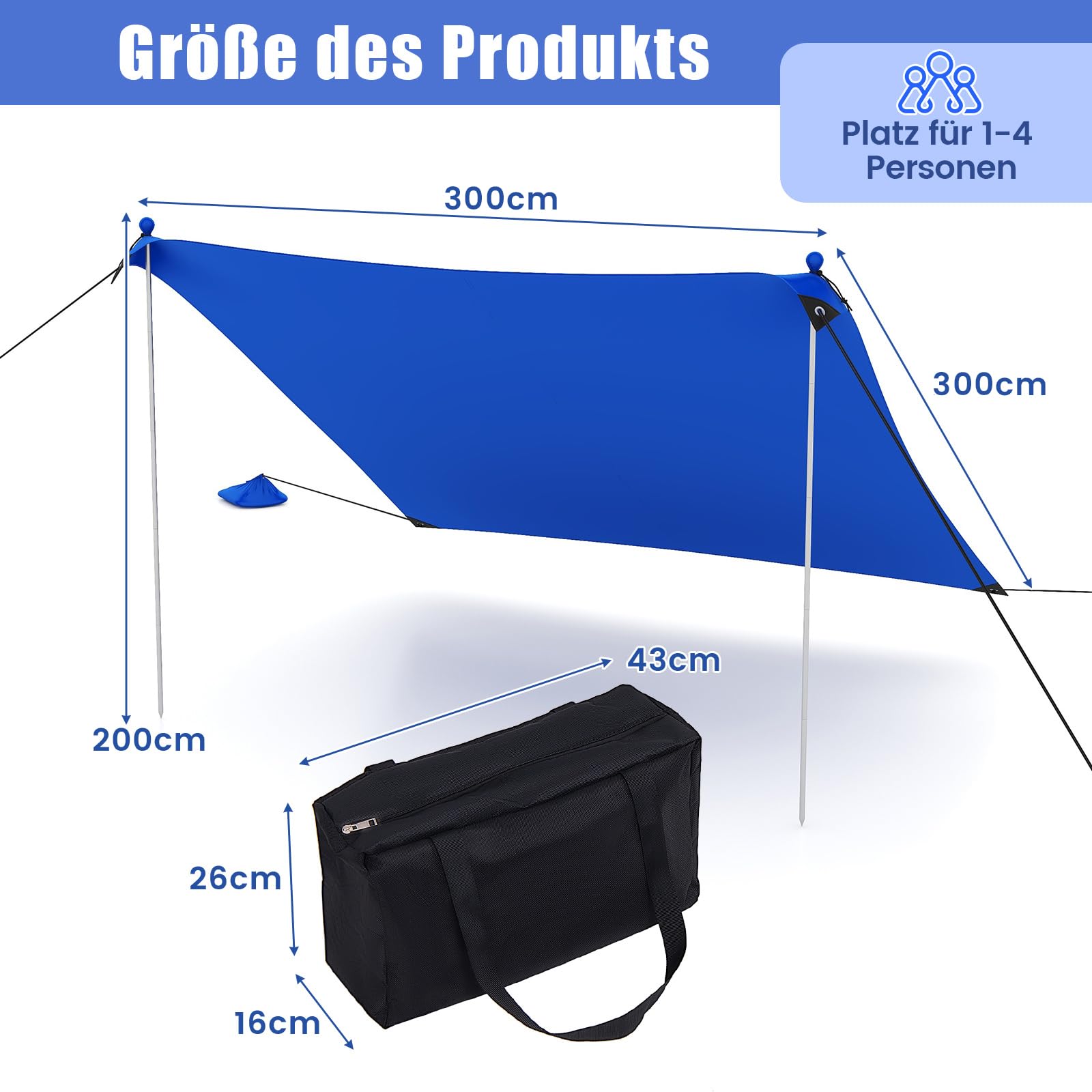 COSTWAY Namiot plażowy 300 x 300 cm, UPF 50+, namiot słoneczny z kotwami do piasku, workami na piasek i 2 drążkami podporowymi, przenośna ochrona przed słońcem, dach przeciwsłoneczny na plażę