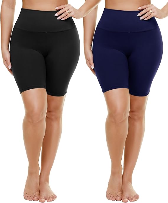 TNNZEET 2 Pack Plus Size Biker Shorts for Women - 8" Black High Waisted Tummy Control Spandex Workout Shorts (XL-4XL)