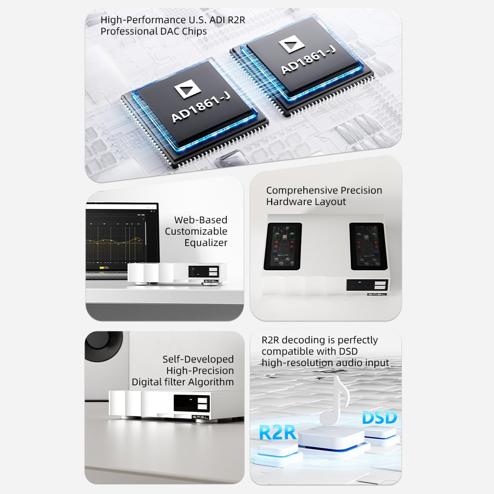 SMSL R100 Audio DAC symetryczny Hi-Fi DAC, symetryczny stosunek sygnału do szumu 107 dB, wejścia optyczne/USB/współosiowe, symetryczna linia AP, czyste odtwarzanie dźwięku