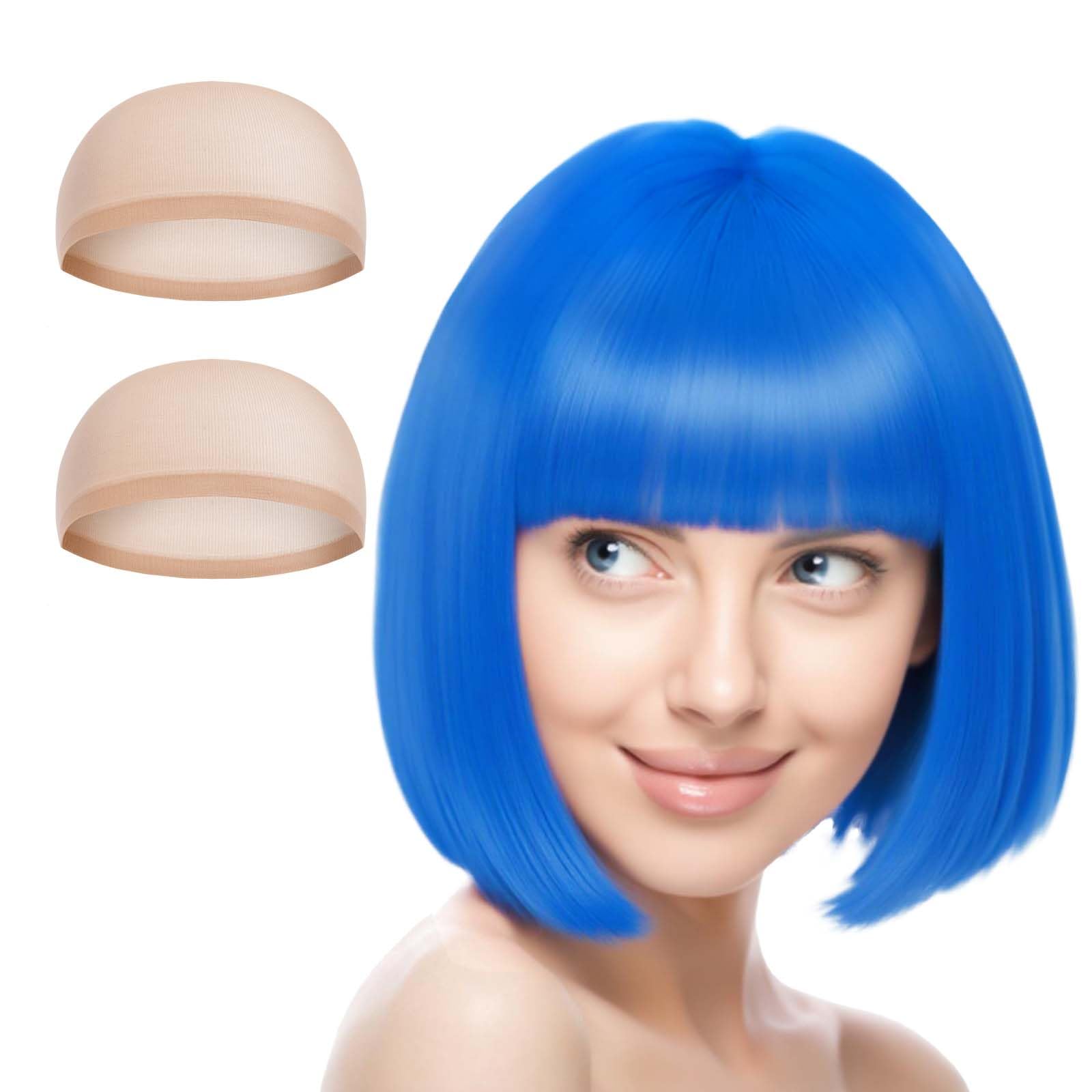 Aomig Kurze Bob Perücke, Wig mit 2 x Haarnetz, Bunte Neon-Bob-Perücke, Pony-Perücke Perücken Haarteile Cosplay für Nachtclub/Tanzen/Karneval/Fasching & Motto Party, Halloween Dekorationen (Hellblau/B)