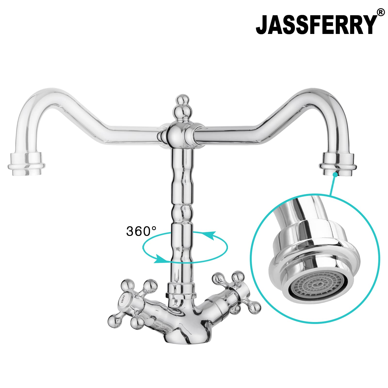 JASSFERRY Vintage francés mezclador grifo tradicional cruceta manijas monobloque cocina fregadero grifo con boquilla giratoria cromo pulido